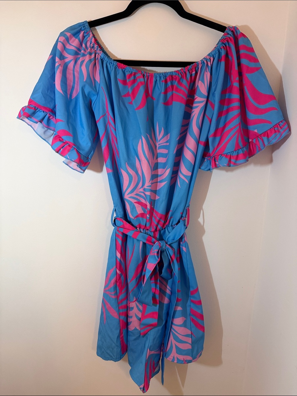 Blue & Pink Tropical Off-Shoulder Romper